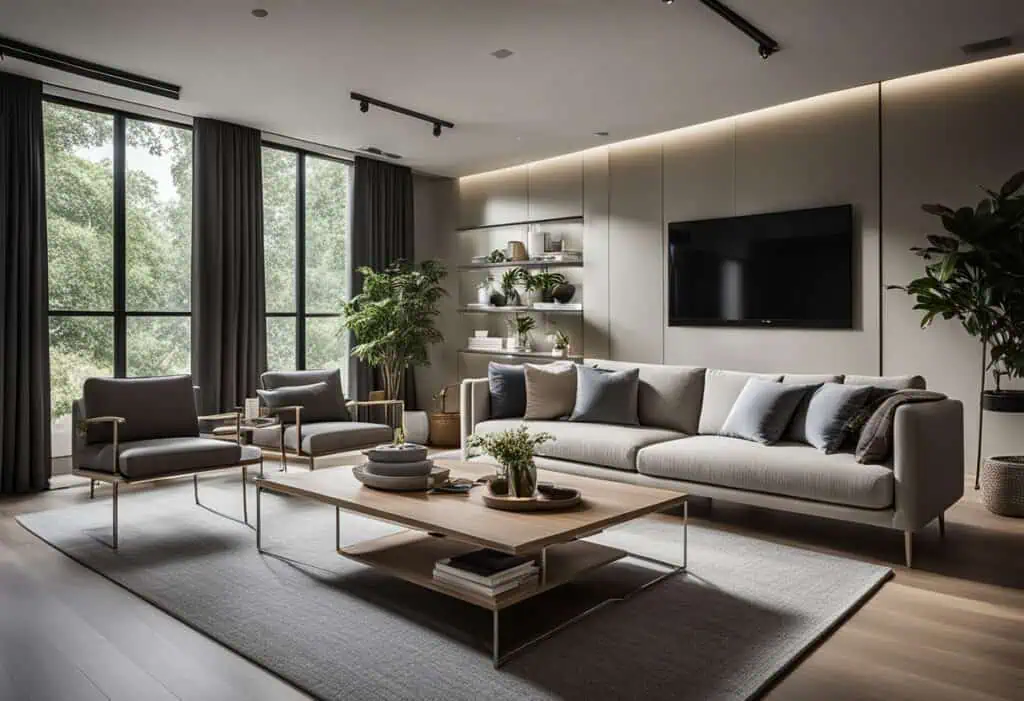 Elegant modern living room featuring stylish sofas, armchairs, and large windows for a bright, invit.