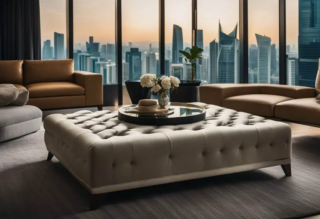 Modern ottoman sofa in a high-rise city apartment with panoramic skyline view.