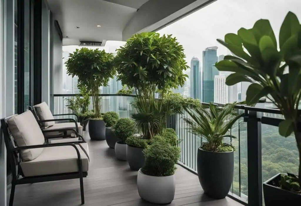 Outdoor balcony furniture Singapore: stylish balcony garden with lush potted plants and modern seati.