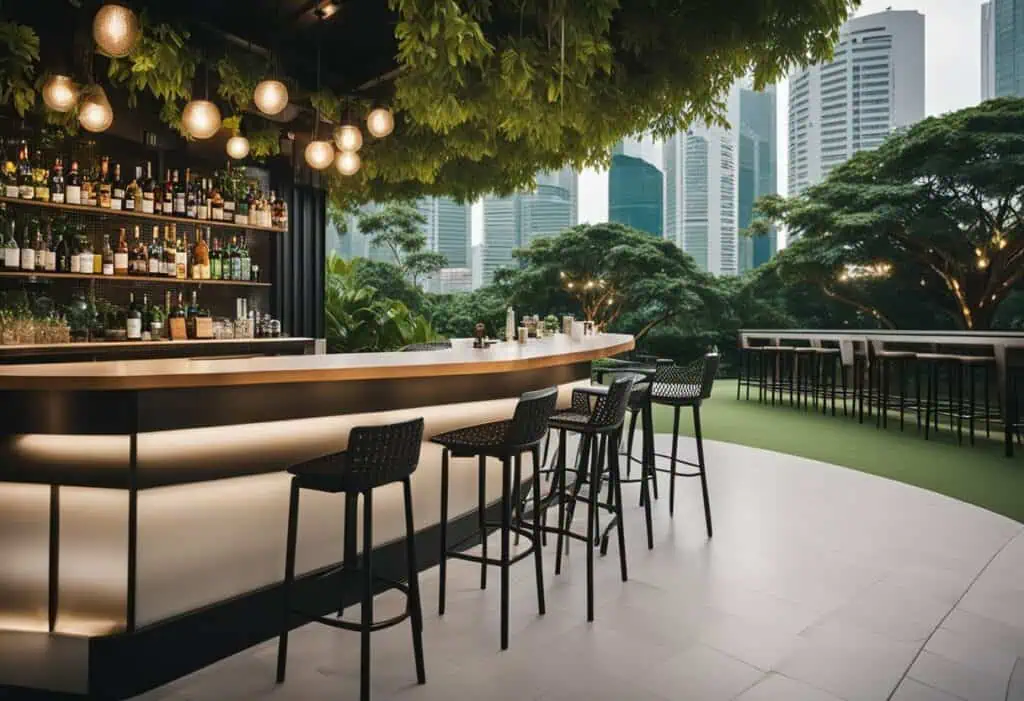 Elegant outdoor bar furniture setup in Singapore with modern seating and lush greenery backdrop.