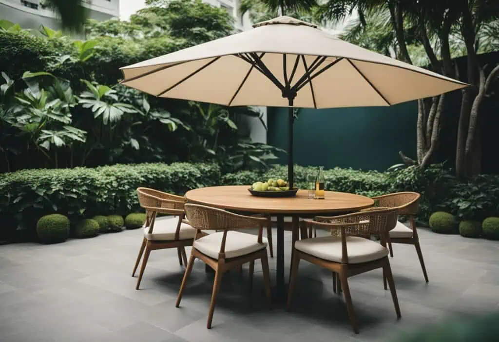 Outdoor dining furniture with umbrella for alfresco dining in Singapore.