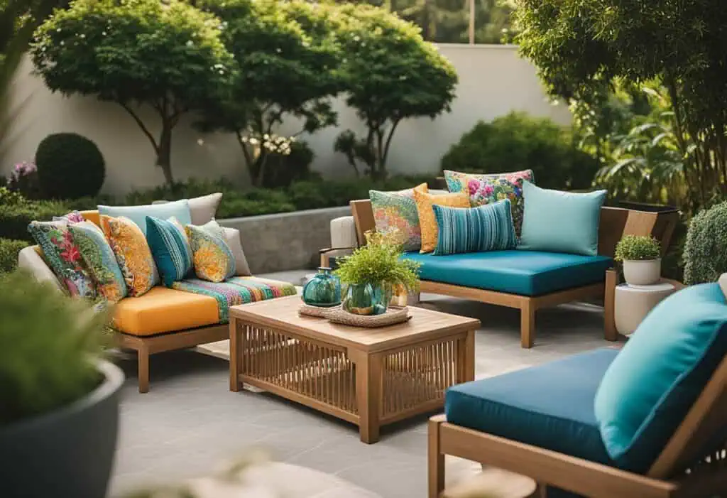 Brightly colored outdoor cushions on stylish patio furniture in a lush garden setting.