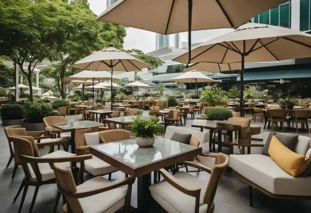 Elegant outdoor furniture setup with umbrellas and cozy seating in Singapore. Perfect for cafes, res.