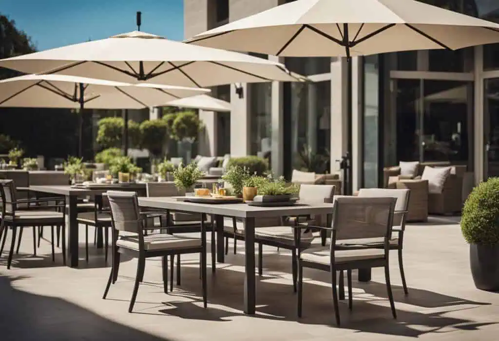 Outdoor furniture set with tables, chairs, and umbrellas for stylish garden dining.