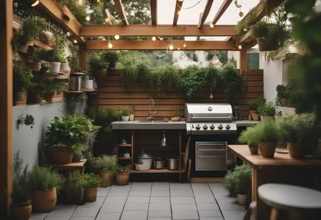 Outdoor kitchen design for small spaces with lush plants and efficient layout.