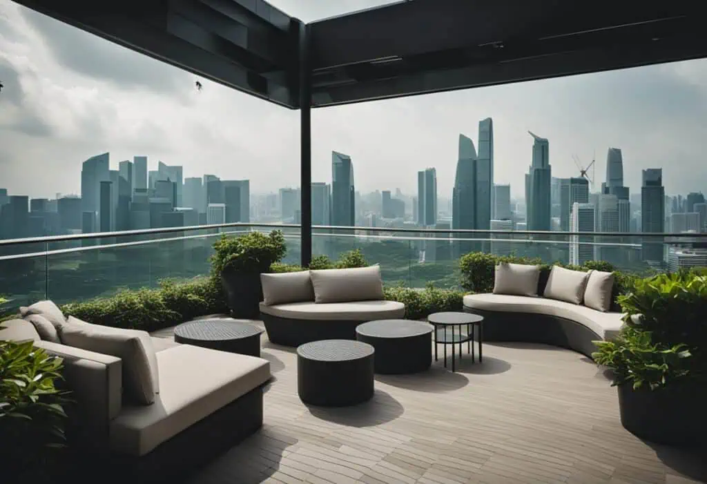 Outdoor lounge furniture Singapore with comfortable sofas and tables overlooking the cityscape.