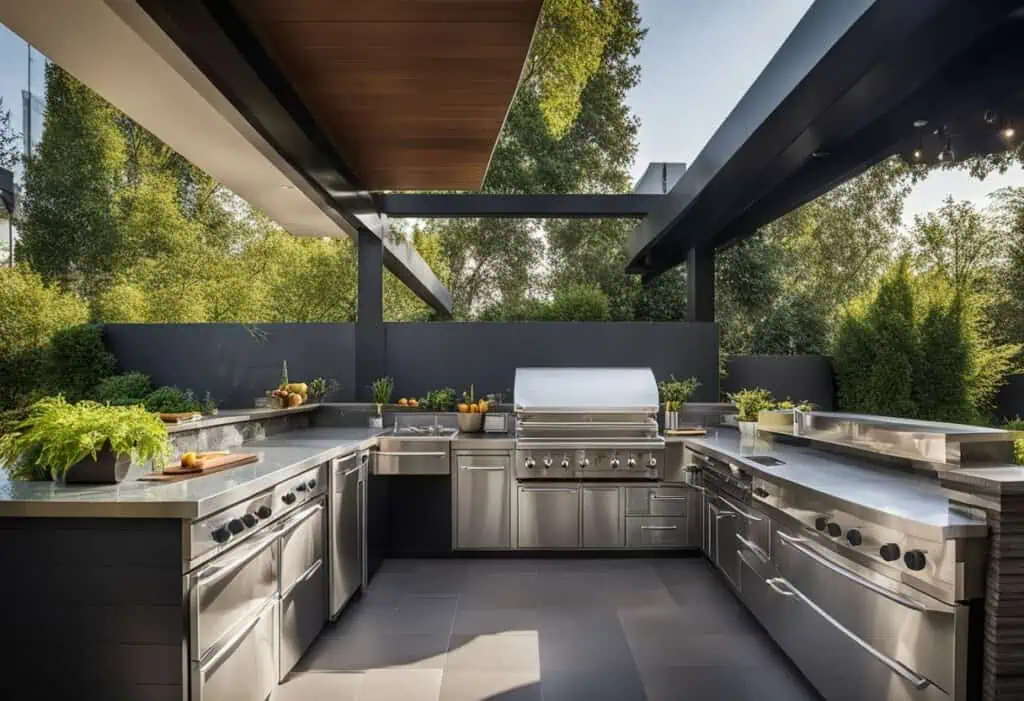 Outdoor wet kitchen with stainless steel appliances and sleek countertops.