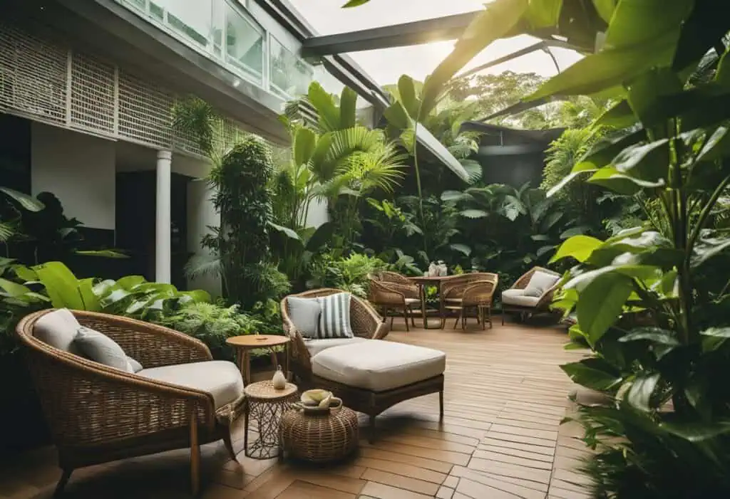 Stylish outdoor wicker furniture set in lush garden setting in Singapore.