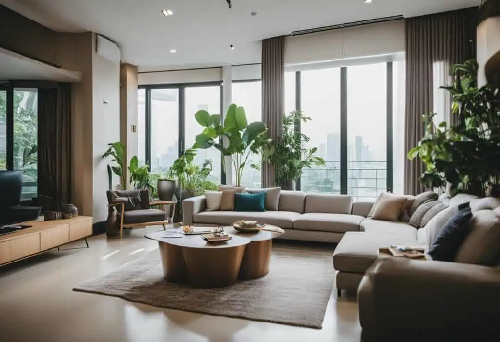 Elegant living room featuring large windows, stylish furniture, and lush indoor plants for a contemp.