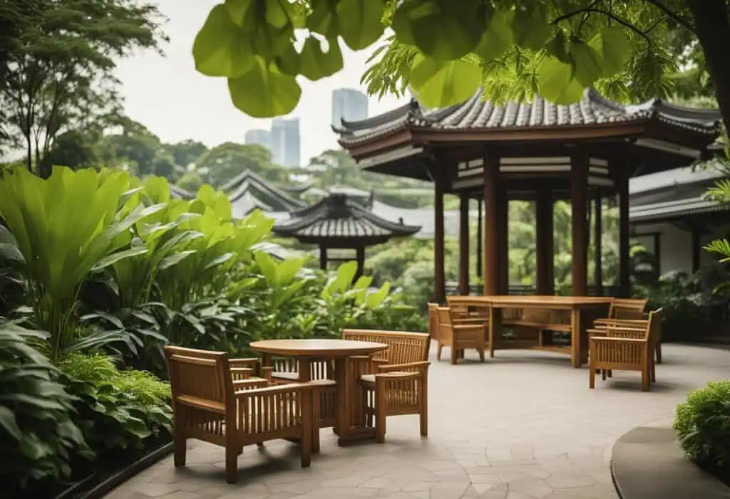 Elegant teak outdoor furniture in a serene garden setting.