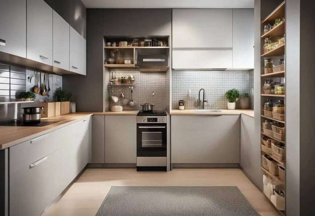Efficient pantry cupboard in a small kitchen maximizing storage with sleek, space-saving design.