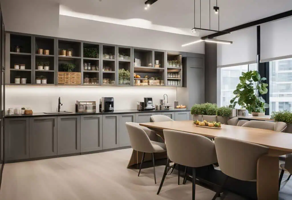 Spacious office pantry featuring gray cabinets, open shelves, and a cozy dining area.