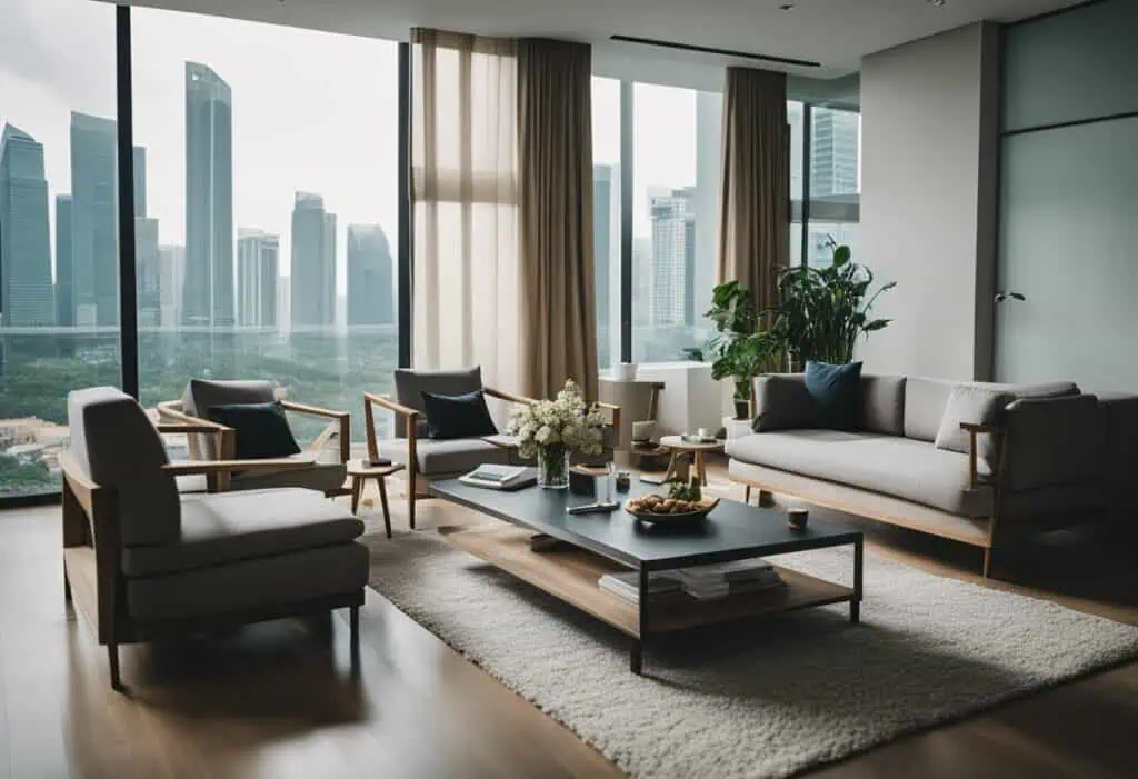 Stylish living room featuring sustainable paper furniture, large windows, and urban skyline backdrop.