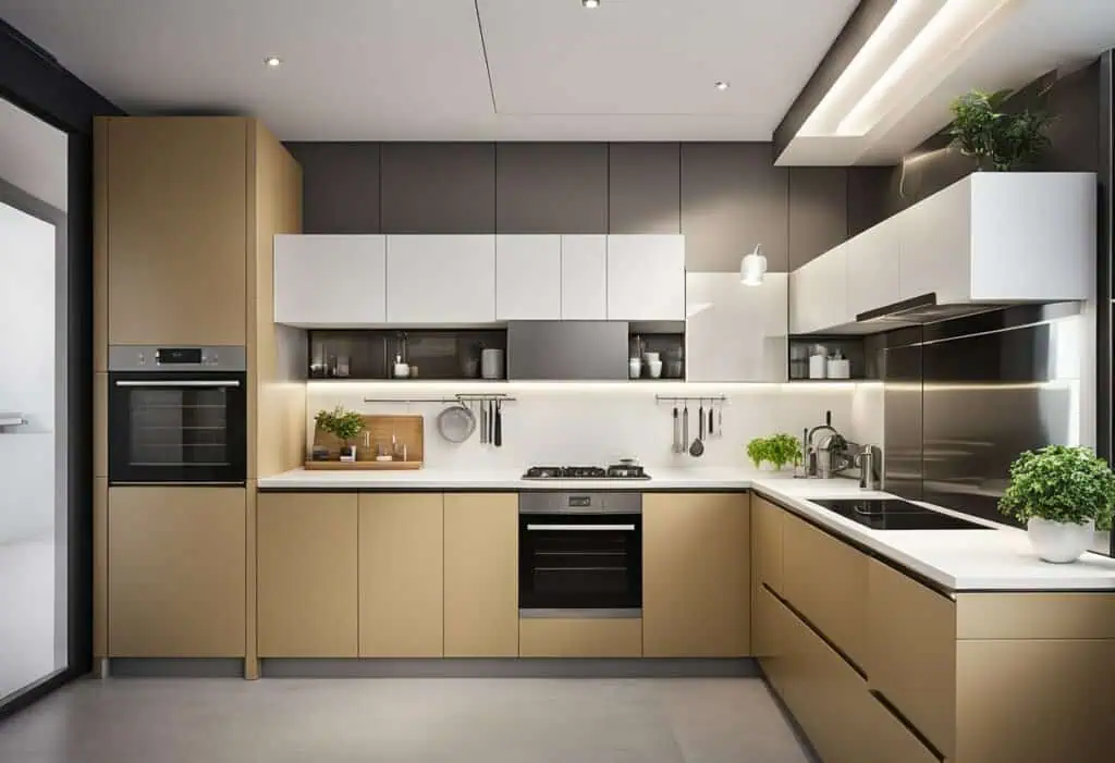 Elegant modular kitchen with sleek cabinetry and efficient layout for maximizing space and functiona.