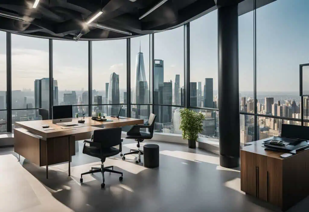 Bright, contemporary office space showcasing a panoramic city view and sleek furniture design.