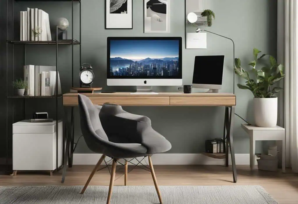 Elegant workspace featuring a stylish desk, computer, and greenery for a productive home office.