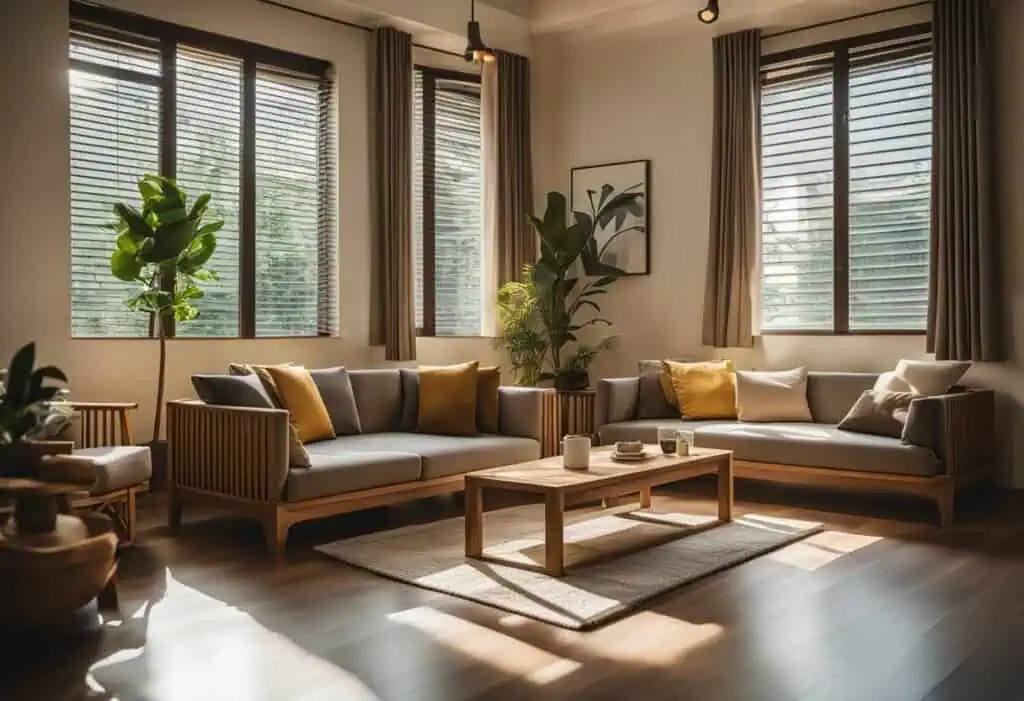 Pine wood sofa set in a stylish, cozy living room with large windows and natural light. Perfect for.