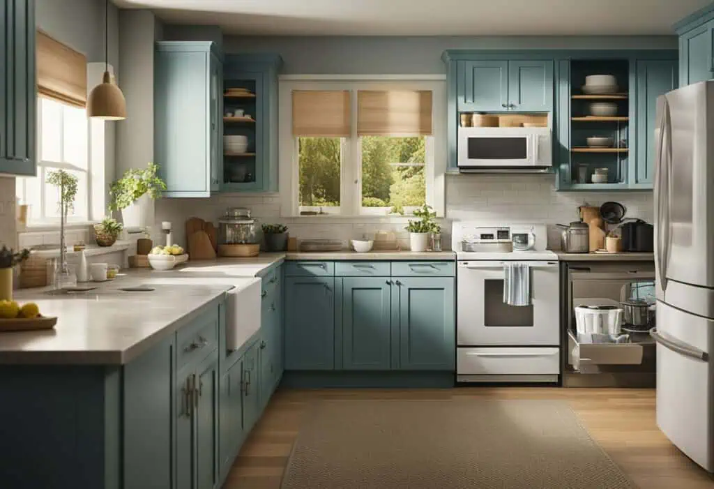 Bright modern kitchen with blue cabinets, stainless steel appliances, and large windows for a welcom.
