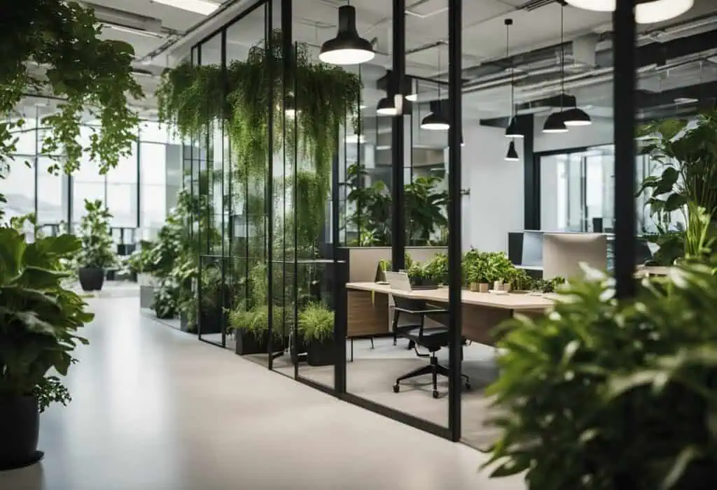 Indoor office space featuring vibrant greenery to boost employee productivity and foster creative wo.