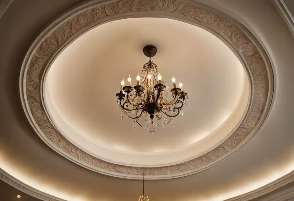 Classic plaster ceiling with chandelier for kitchen decor.