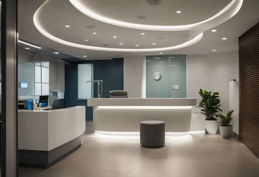 Modern plastic surgery office reception with sleek design and inviting atmosphere.