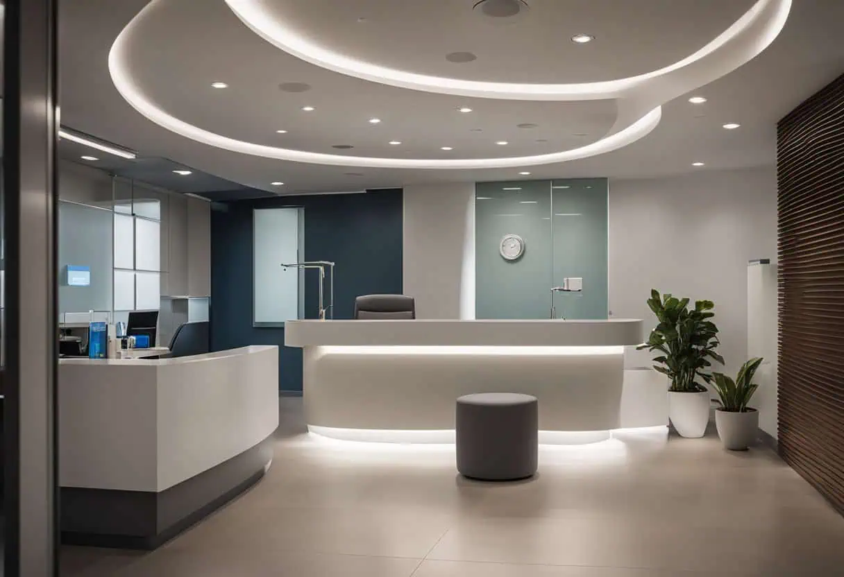 Modern plastic surgery office reception with sleek design and inviting atmosphere.