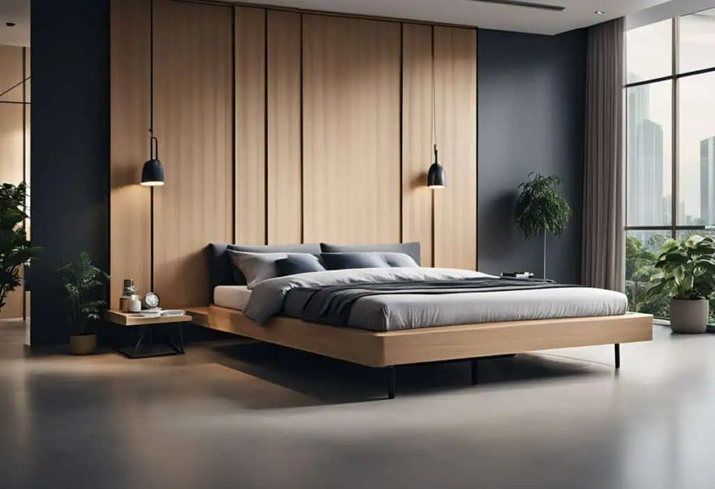 Sleek wooden platform bed with minimalist design in a contemporary bedroom setting.