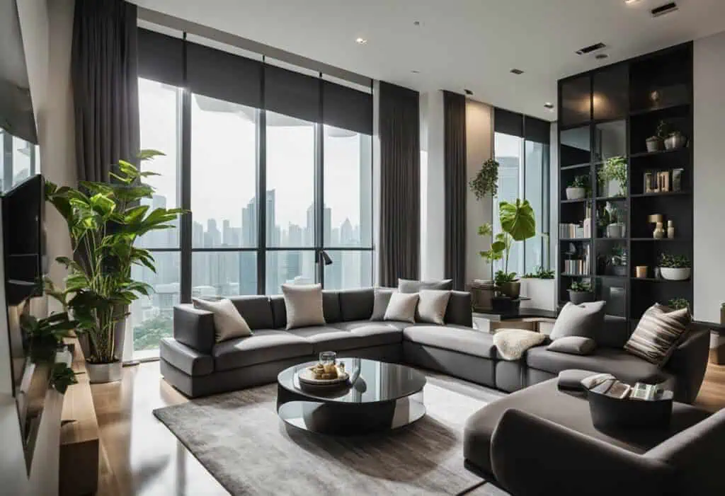 Contemporary living room with sleek furniture and large windows in Singapore home.
