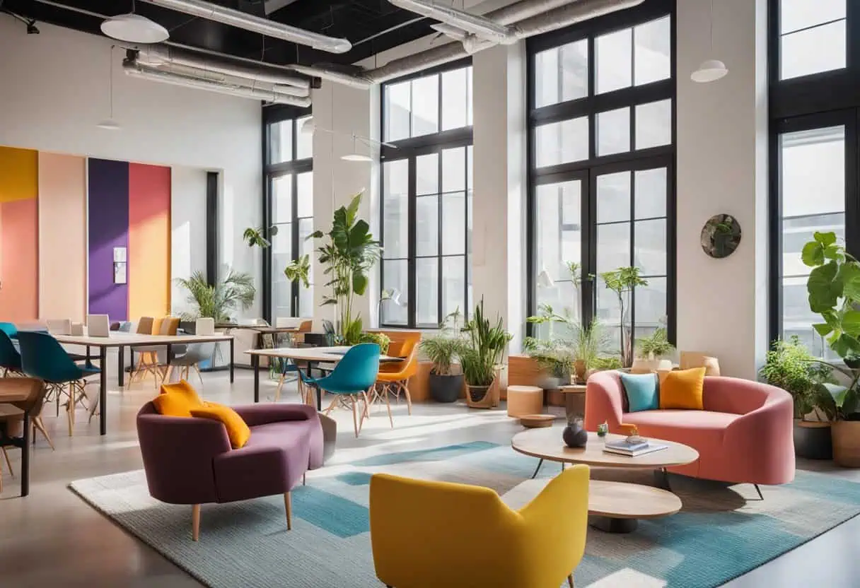 Bright, playful office design with vibrant furniture and natural light to boost productivity and mor.