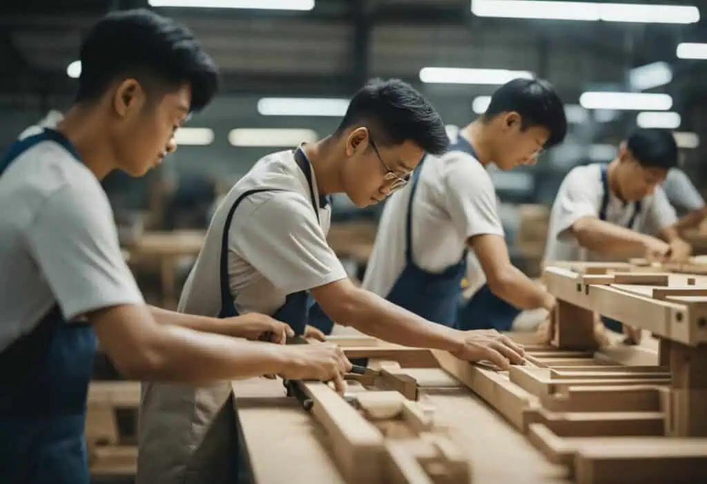 Woodworking artisans at Poh Sin Furniture Co Singapore crafting quality furniture.