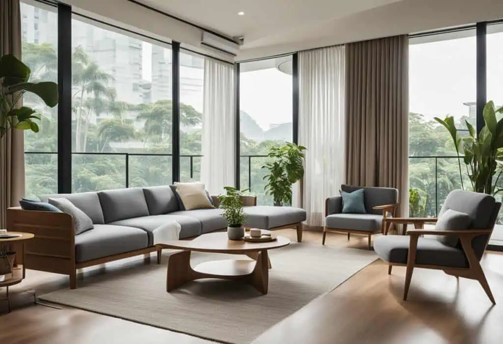 Spacious living room featuring contemporary Pomelo furniture, natural light, and lush greenery views.
