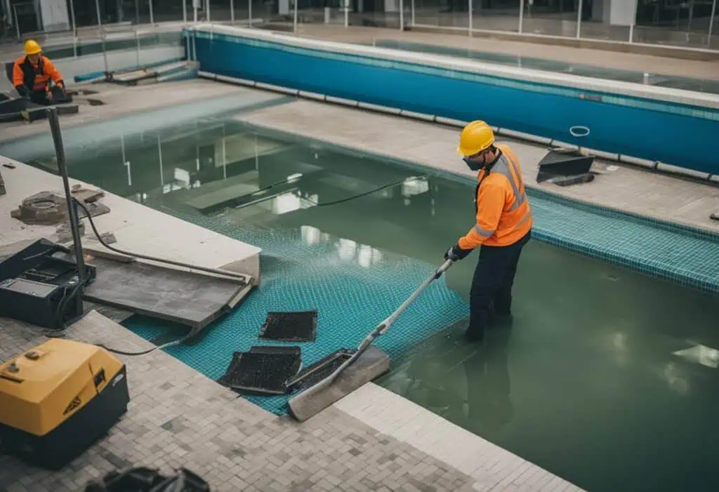Pool renovation with workers cleaning and preparing the pool for a luxurious backyard transformation.