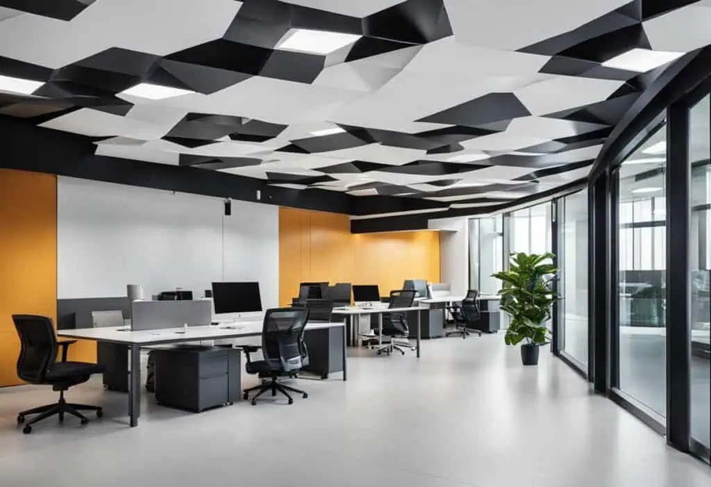 Office ceiling with innovative pop design in black, white, and gray tones enhancing workspace aesthe.