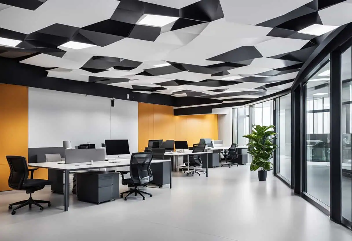 Office ceiling with innovative pop design in black, white, and gray tones enhancing workspace aesthe.