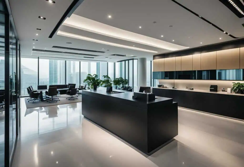 Modern Porsche Design Singapore office reception area with sleek black accents and large windows.