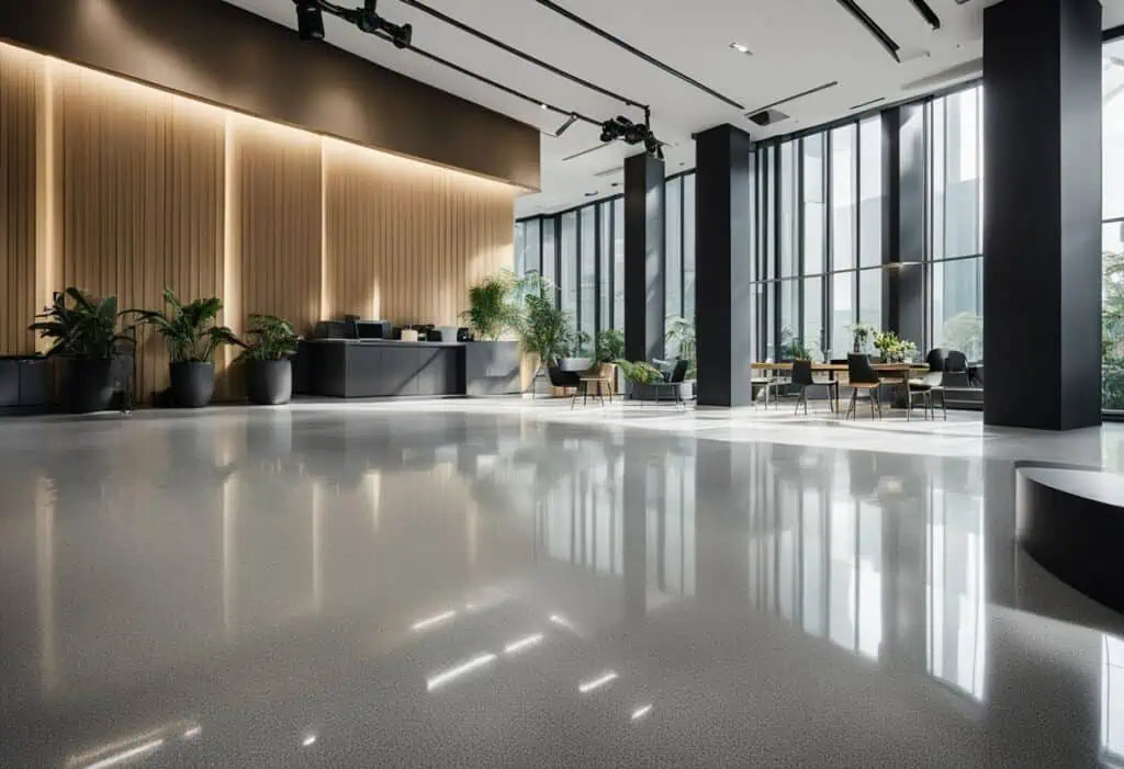 Office lobby with sleek design and large windows in Singapore.
