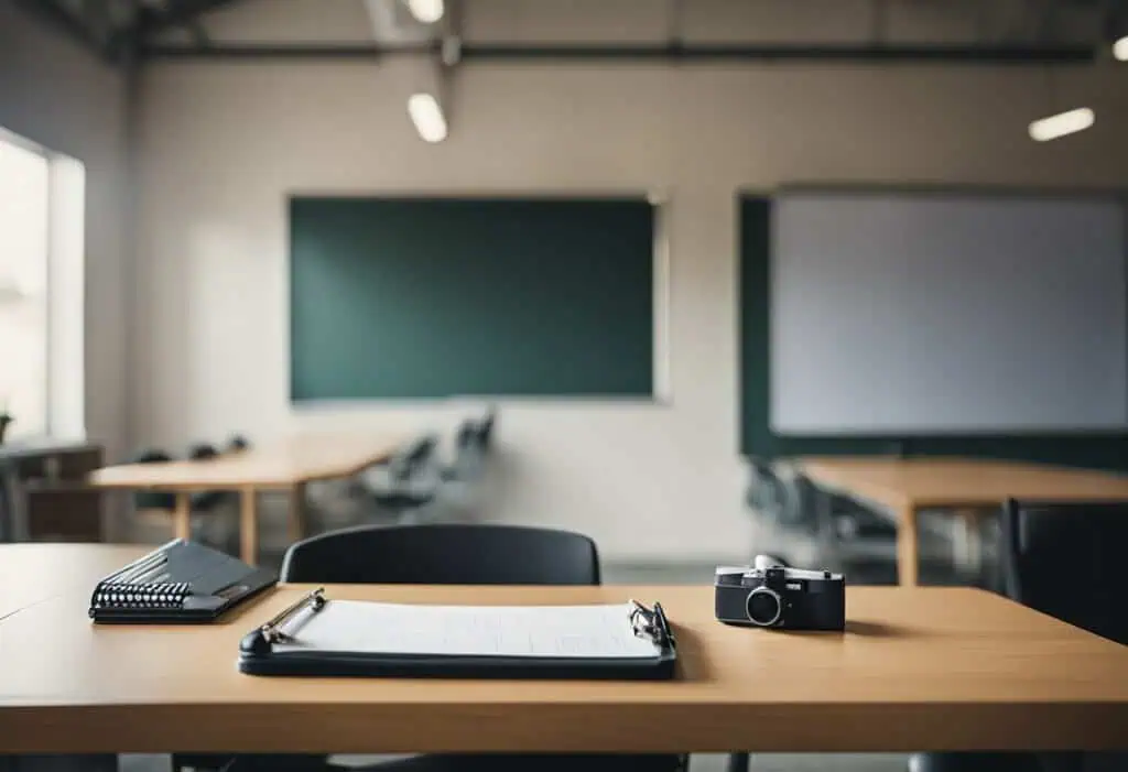Classroom with renovation tools and equipment for inspection.