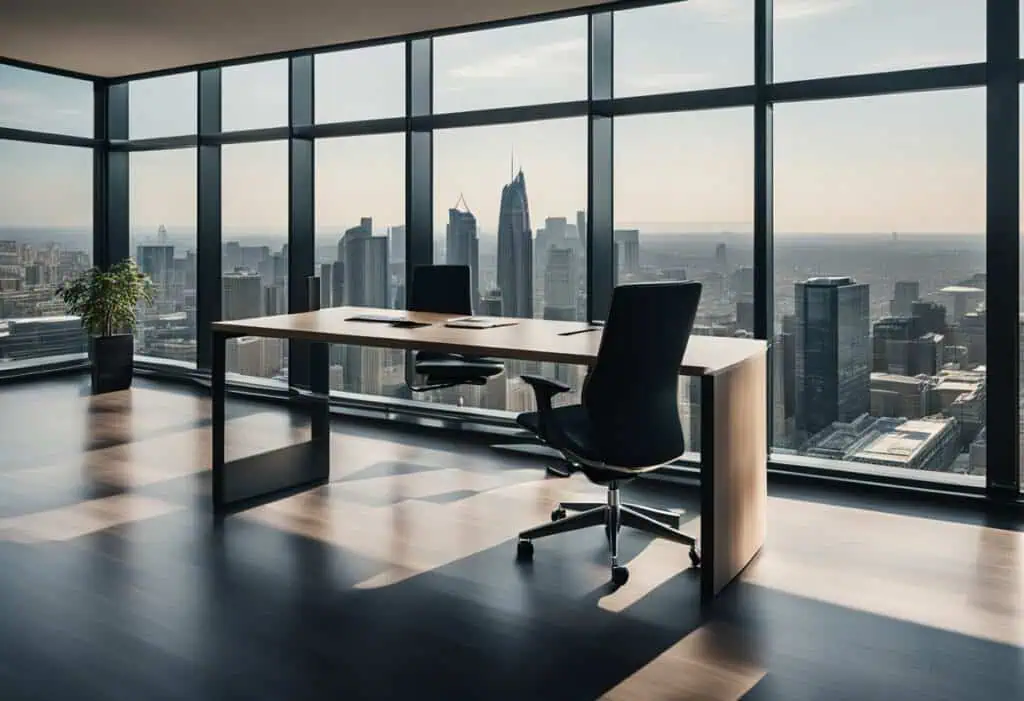 Luxurious private executive office overlooking a city skyline with floor-to-ceiling windows.