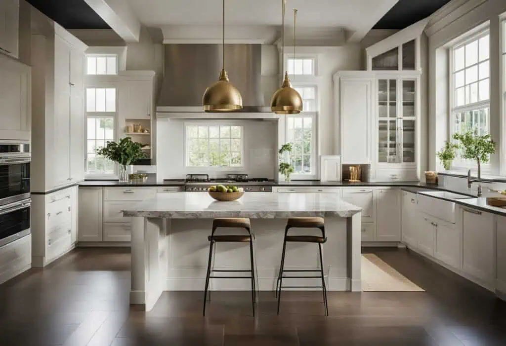 Elegant white kitchen with gold pendant lighting and large windows for natural light.
