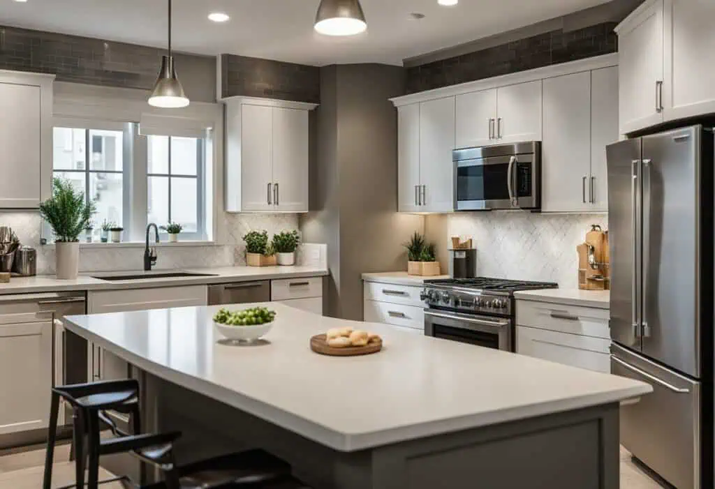 Elegant professional kitchen featuring sleek white cabinetry, stainless steel appliances, and a spac.