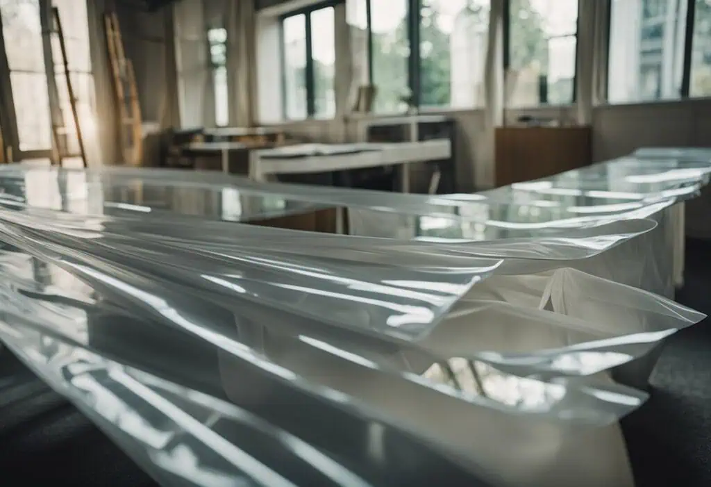 Clear plastic furniture covers protecting chairs during renovation.
