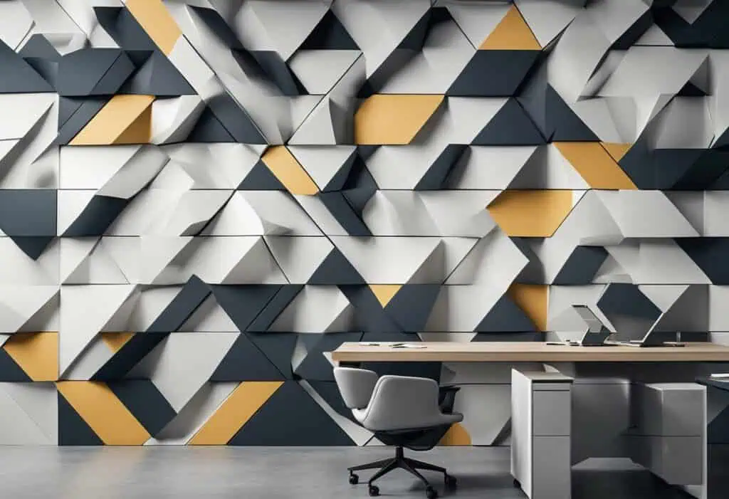 Geometric PVC wall panels in black, white, and gold for stylish office wall design.