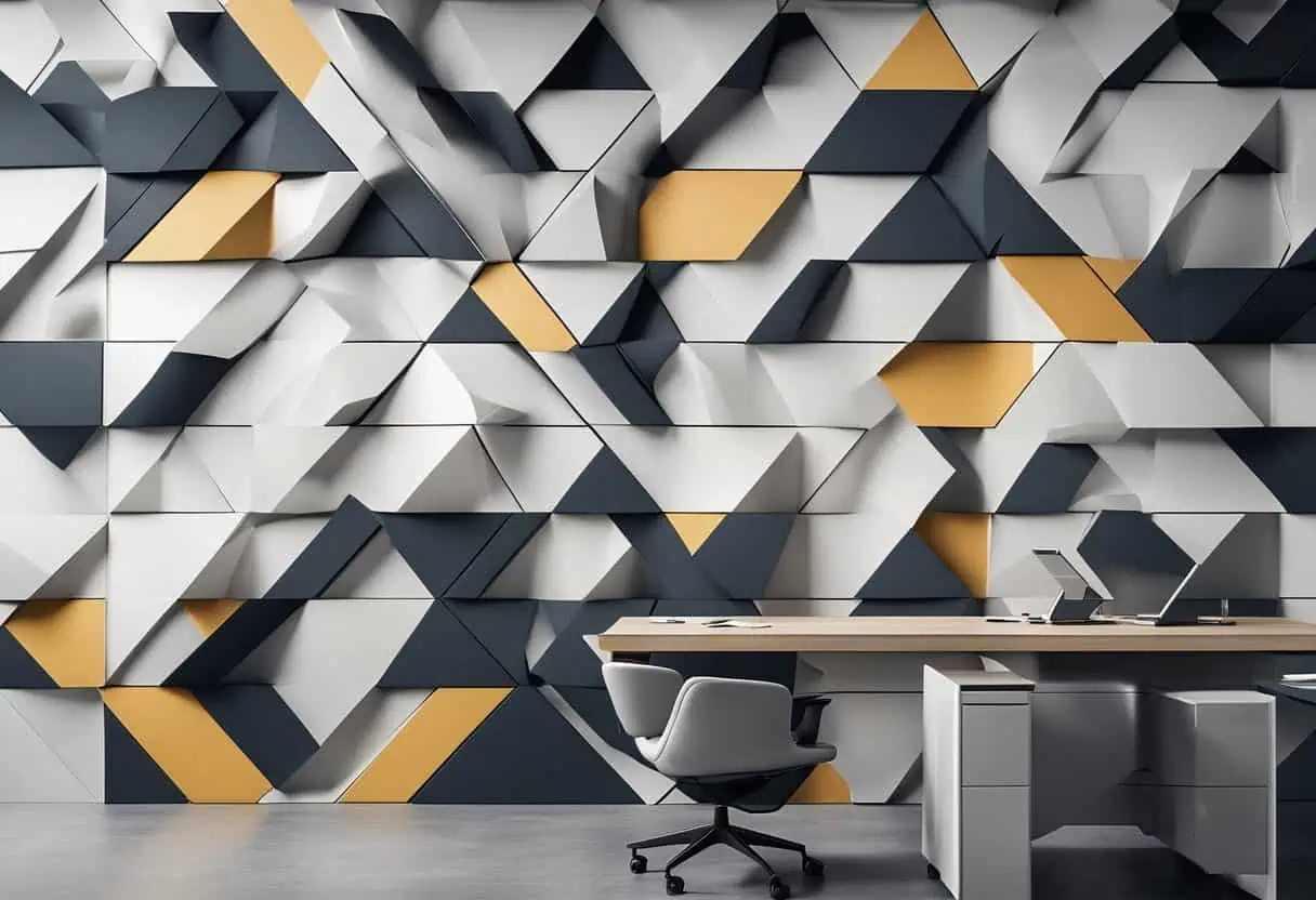 Geometric PVC wall panels in black, white, and gold for stylish office wall design.