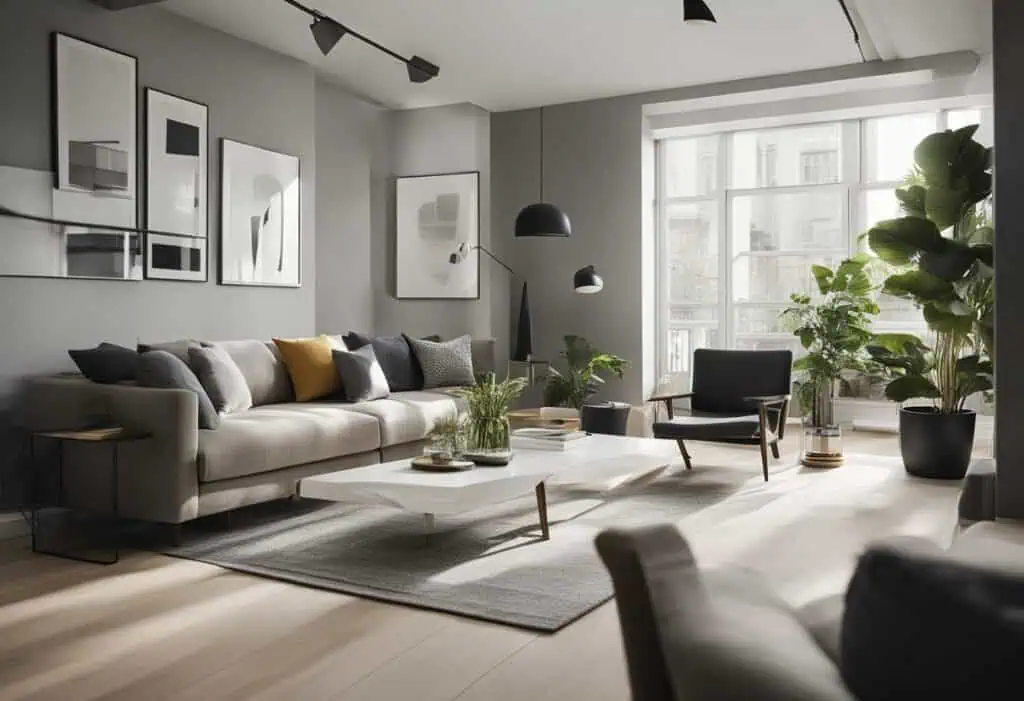 Bright and stylish living room featuring large windows, contemporary furniture, and lush indoor plan.