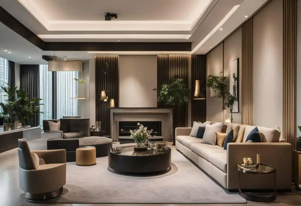 Luxurious contemporary living room featuring chic furniture and elegant design elements.