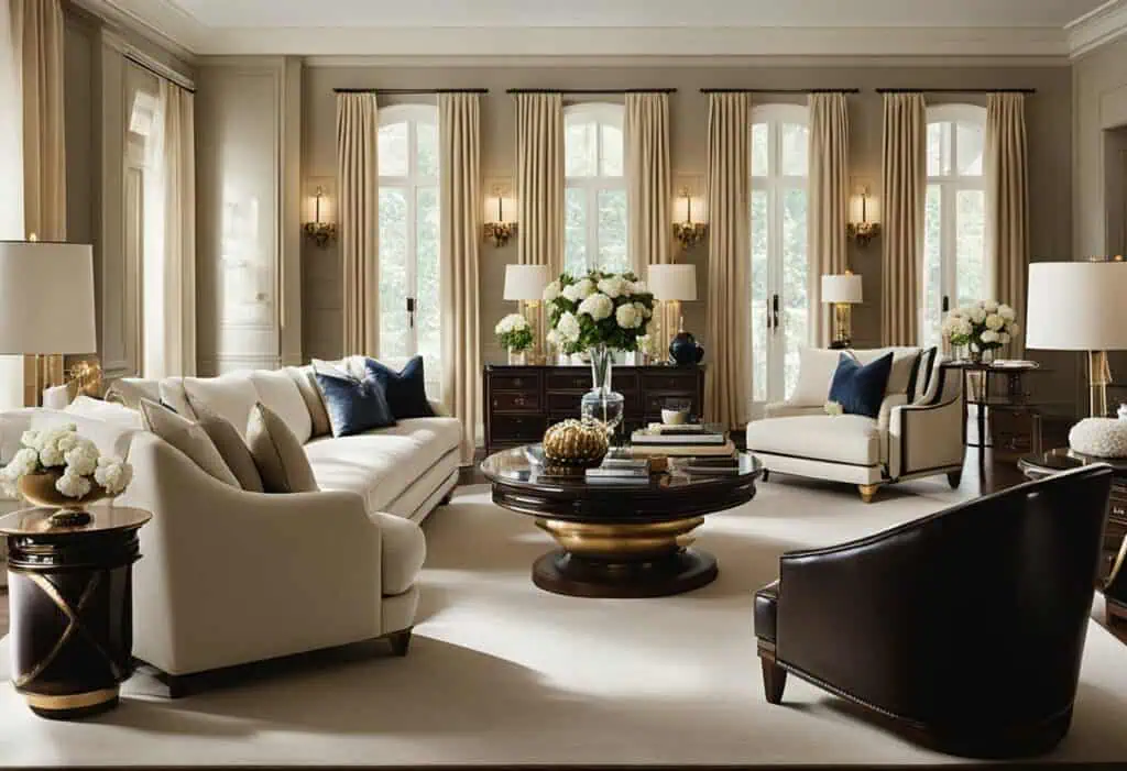 Luxurious living room featuring Ralph Lauren-inspired furniture, elegant drapes, and sophisticated d.