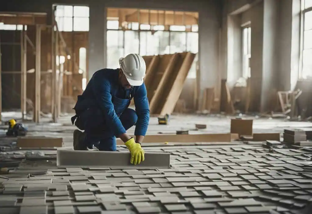 Skilled worker installing tiles in a construction site for quick renovation.