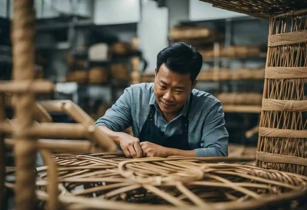 Skilled artisan repairing rattan furniture in workshop, Singapore.