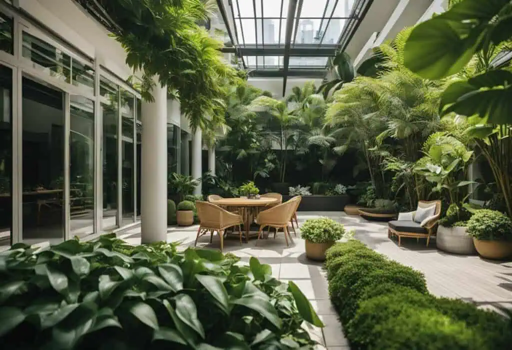 Stylish rattan outdoor furniture set in lush tropical garden setting in Singapore.