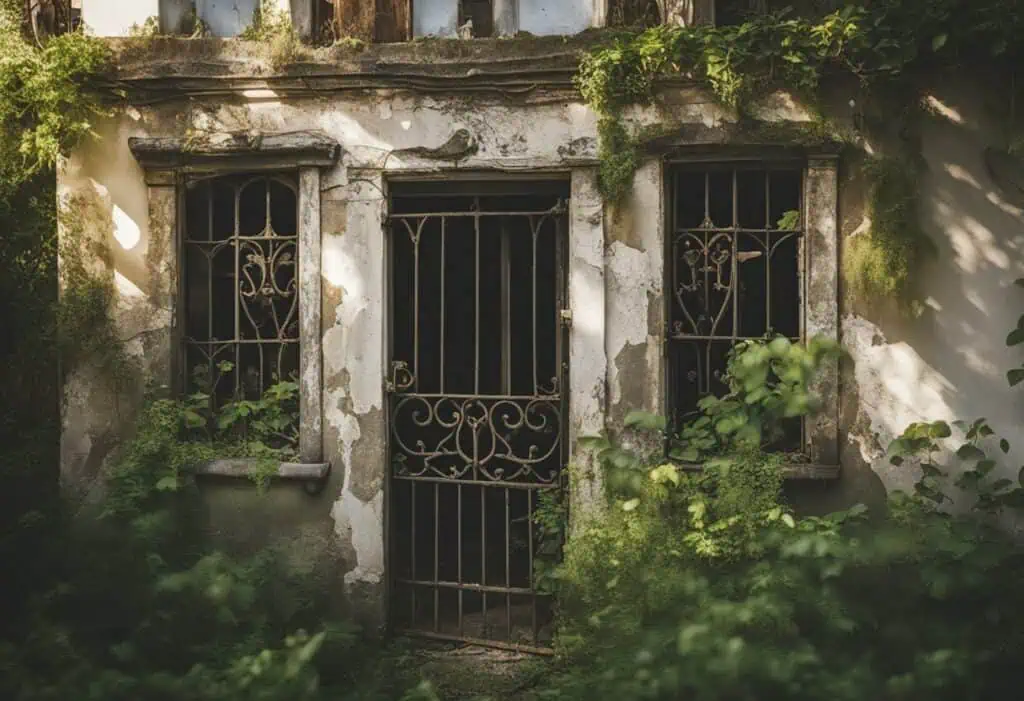 Old house with rusted gate and overgrown plants, showcasing a charming yet neglected renovation oppo.